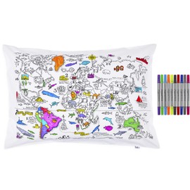 Doodle World Map Pillowcase, Color Your Own Pillow Case, Coloring Pillowcase with 10 Washable Fabric Markers