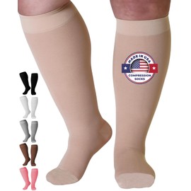 Mojo Compression Socks for Women and Men 20-30mmHg Wide Calf - Plus Size Opaque Compression Support Stockings for Nursing, Varicose Veins Circulation - Beige, 3X-Large - AB201