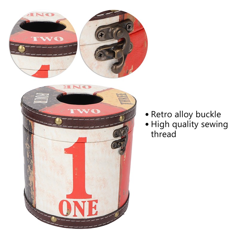 Retro Tissue Box Cylindrical Fashionable PU Leather Wooden Napkin Storage