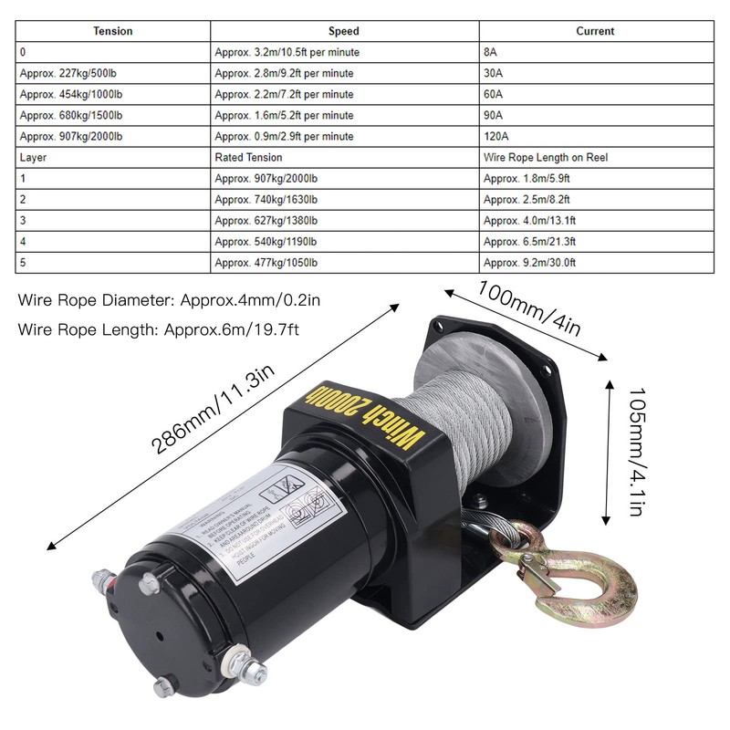 Electric Winch, 24V 2000LBS Load Capacity Electric Steel Cable ATV