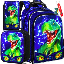 gxtvo 3PCS Dinosaur Backpack for Boys, 16" Kids Bookbag with Lunch Box, Water Resistant School Bag for Elementary Prechool Toddler