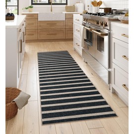 Lahome Striped Easy Jute Kitchen Runner, 2x6 Washable Rug Runners for Hallways Non Slip Entryway Rug, Farmhouse Neutral Indoor Outdoor Black Carpet for Laundry Room Front Porch
