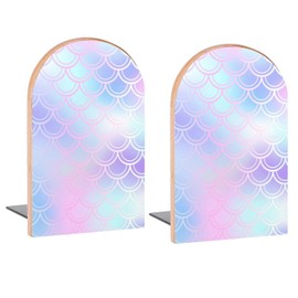 Fantastic Mermaid Fish Scales Skin Book Ends Decorative Wood Bookends for Shelves Kids Room Desk Home Office Book Stoppers for Magazines,Books, DVDs, 1 Pair/2 Pieces(5x3.1 in)