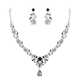 EVER FAITH Party Jewelry Sets for Women, Austrian Crystal Gorgeous Marquise Orchid Flowers Leaf Teardrop Pendant Necklace Dangle Earrings Set Gray Silver-Tone
