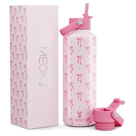 Meoky Insulated Water Bottle for Women: 710ml Stainless Steel Sports Water Bottle with Straw - Keeps Cold 24 Hours for School Gym - Students Commuters, Bow