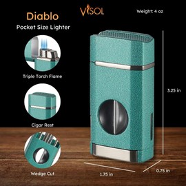 Visol Diablo Butane Torch Triple Flame Refillable Gas Lighter, Built in Cutter, Built in Holder, Windproof Adjustable Flame Lighter (Shipped Without Butane) (Mint Green)