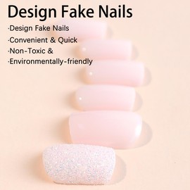 24pcs Square Press-on Nails - Glitter Pink Acrylic, Glossy Glue-on, Artificial Coffin Shaped False Nails with Shiny Powder, Exquisite Design, Full Cover Stick-on Nails for Women