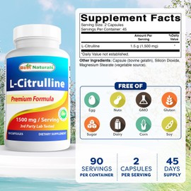 Best Naturals L-Citrulline Capsules - 1500mg/Serving - Non-GMO - Gluten Free - 90 Capsules (90 Count (Pack of 3))