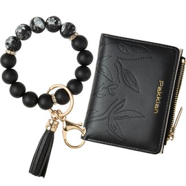 Keychain Bracelet Wristlet with Wallet Card Holder Pocket, Flower Tassel Purse Silicone Key Ring for Women