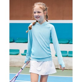 Zaclotre UPF50+ - Camisa solar para niñas, de secado rápido, con capucha y agujeros para los pulgares, Azul, 11-12 Años