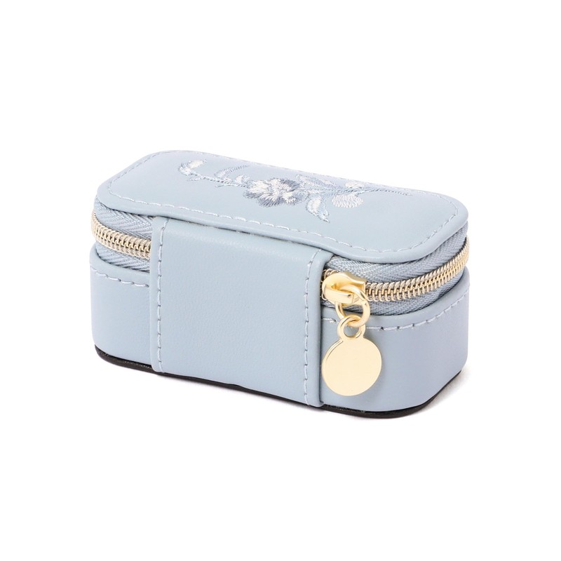Francfranc French Embroidered Flower Mini Travel Jewelry Box Blue, blue