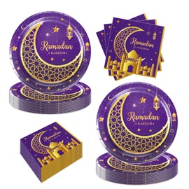 48pcs Ramadan Eid Mubarak Party Supplies Include 24 Plates, 24 Napkins for Ramadan Eid Mubarak Party Decoration (purple)