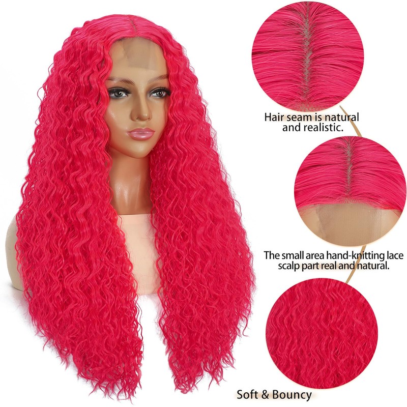 Curly Wig for Women, Hot Pink Wig, 26 inch, Synthetic