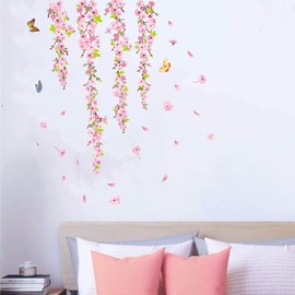 AnFigure Pink Blossom Flower Wall Stickers Hanging Vine Wall Decals Bedroom Living Room Nature Plant Floral Wall Sticker Sofa TV Background Home Wall Decor