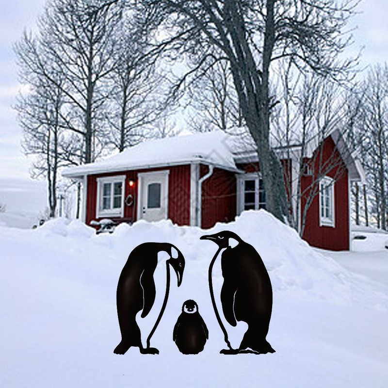 Penguin Family Stake Statue Simulation Vivid Hollow Iron Animal Stake