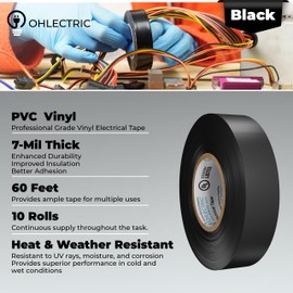 OhLectric Professional Grade Vinyl Electrical Tape Black - 7 Mil Thick Flame-Retardant - Heat & Weather Resistant - 3/4 Inch x 60 Feet - UL, CSA Listed- Pack Of 10 - OL-38370-10