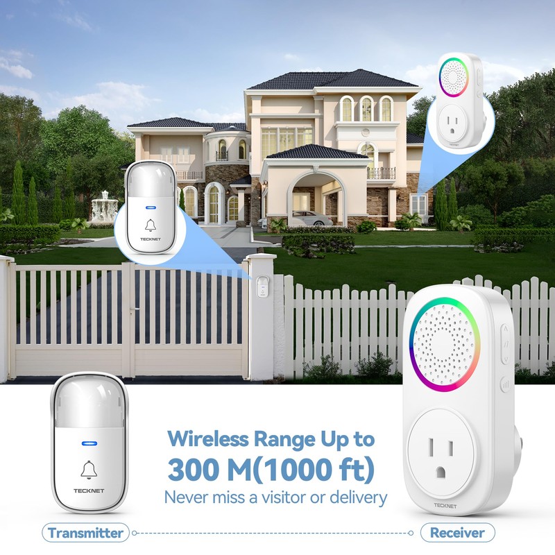 TECKNET Self-Powered Wireless Doorbell Kit - Plug-Through Door Bell with