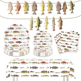 Fishing Party Supplies Set, Plates Napkins Tablecloth Banner Perfect for Gone Fishing Themed Birthday Celebration