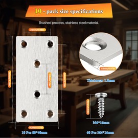 10Pcs Flat Brackets for Wood, 80×40mm Heavy Duty Metal Mending Plates with Screws, Stainless Steel Flat Joining Plates Metal Connector Plate for Wood Furniture, DIY, Home Decoration