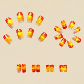 24Pcs Press on Nails Medium Coffin French Tip with Yellow Red Sunset Design Acrylic Nails Fake Nails Thick Glossy Full Cover Glue on Nails Stick on Nails for Women Y544