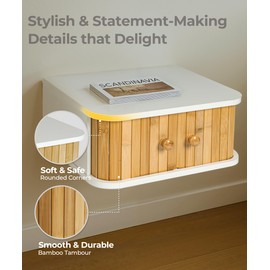 SUMGAR Floating Nightstand White Bedside Table Modern Boho Organiser Small Spaces Wall Mounted Shelf Storage with Drawers Wood Bamboo Natural Hanging Furniture for Bedroom Home Decor