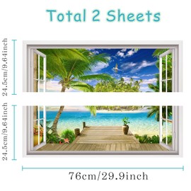 HPNIUB 3D Beach Wall Stickers,3D Sea View Wall Art for Living Room,Landscape Broken Wall Sticker,Beach Coconut Tree Wall Decal,Sea Scenery Wall Mural Sticker for Bedroom Bathroom Decor (Window4)