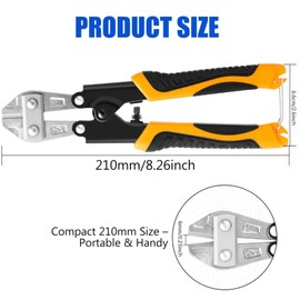 8 Inch Small Bolt Cutter 210mm Heavy Duty Durable High Strength Wire Cutter, Efficiently Cuts Thick Cables and Fencing Wire, Precise and Powerful, Ideal for Home, Garden and Industrial Use (Orange)