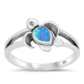 CloseoutWarehouse Teardrop Blue Simulated Opal Sea Turtle Ring Sterling Silver Size 4