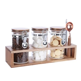 KKC HOME ACCENTS Glass Food Storage Jars with Airtight Wood Lids, Vacuum Borosilicate Sealed Glass Cansisters with Locking Clamp Lids and Scoop for Tea,Sugar,Ground Coffee 13 Fluid Ounces