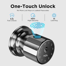 TCL K1 Smart Door Knob, Fingerprint Keyless Entry Door Lock with App Control, Passcode, Mechanical Key, Auto Lock, Easy Installation for Bedroom, Home, Office (Brushed Nickel)