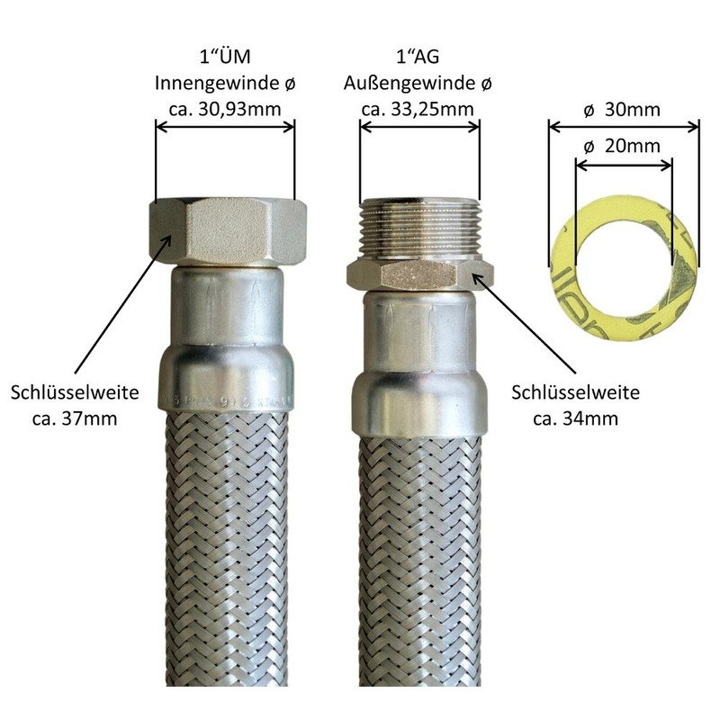 Flexible hose 1 inch nut x 1 inch male thread,