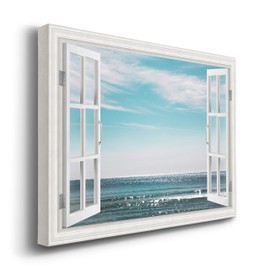 Renditions Gallery Canvas Wall Art Window View for Home Blue Shining Sea with Clear Sky Nature Hanging Pictures for Bedroom Living Room Office Decor - 12X18 LT38