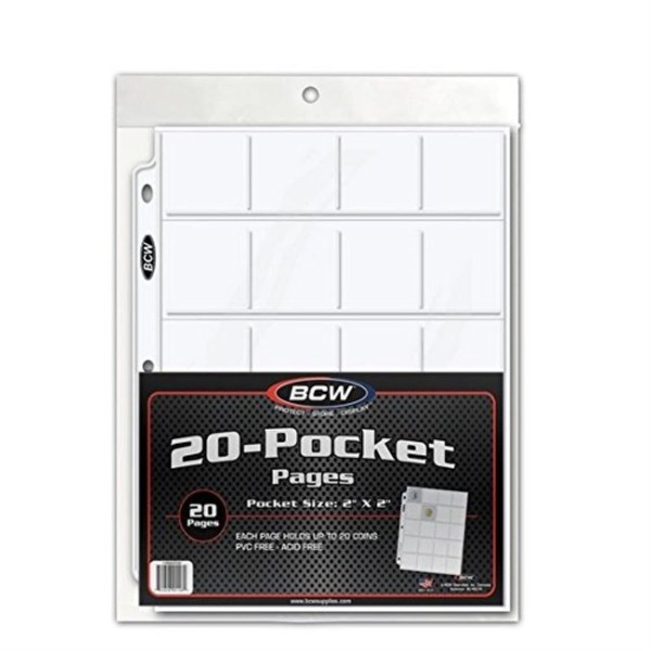 BCW Pro 20-Pocket Pages, Pocket Size: 2" x2", 20 Pages - Coin Collecting Supplies