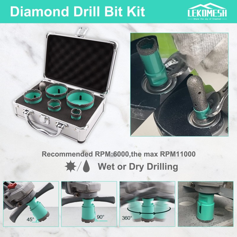 LEKOMESH Diamond Core Drill Bits Set 6pcs Tile Hole Saw