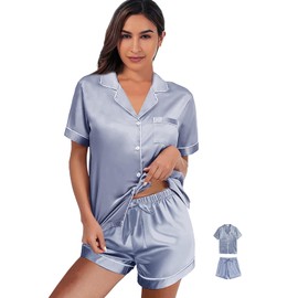 WJing Yi Jia Womens Silk Satin Pajama Sets XS-2XL Sleepwear Silky Pajamas Stripe Loungewear Bridal Pjs Set Dusty Blue