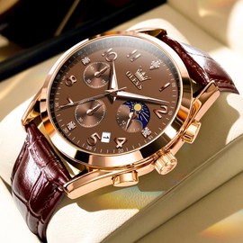 OLEVS Men's Watches Brown Leather Strap Mens Big Face Watches Multi-Function Dress Quartz Rose Gold Watch for Men Auto Date Casual Mens Chronograph Water Resistant Easy Read Men's Watch Reloj