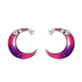 POPLYKE Moon Stud Earrings Cat Stud Earrings for Women 925 Sterling Silver Cat Earrings for Girls Moon Jewellery Gifts, Sterling Silver, Cubic Zirconia