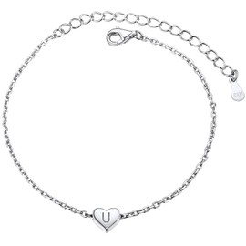 PROSILVER Women's Letter Bracelet 925 Sterling Silver Rolo Chain Bracelet with Heart Charms Minimalist Girls Link Bracelet 16 + 5 cm Adjustable Wrist Chain Jewellery Accessory, 16 centimetres