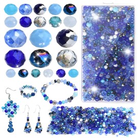 TAIHOBO 1020pcs Glass Beads for Jewellery Making Blue, 4 6 8mm Crystal Beads for Stringing, Faceted Beads for Crafting, 7 Colours of Faceted Pearls for Bracelet Earrings Curtain Pendant Making (Blue)