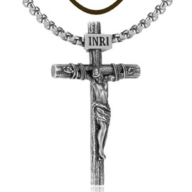 ZENLUNANO Crucifix Cross Necklace for Men and Women with 18K Gold Plated Exquisite Antique White Gold Jesus Pendant and Double 22+2 inch Adjustable Necklace Chains
