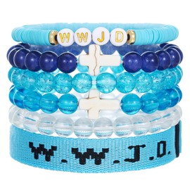 MMIUAEG 6PCS WWJD Adjustable Bracelet Set for Women Men Hand-Woven Inspirational Christian Cross Bracelet Crystal Beaded Wristbands Stackable Bracelets-blue