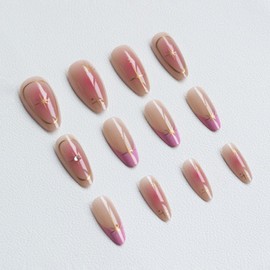 French Tip Press on Nails Medium Almond Fake Nails Pink Nail Tip False Nails with Ombre Gold Line Designs Full Cover Glue on Nails Reusable Acrylic Nails for Women Girls Manicure 24Pcs