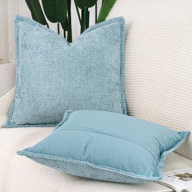 Madizz Set of 2 Chenille Velvet Cushion Covers with Flange Soft Boho Textured Throw Pillow Covers Broadside Pillowcases Modern Farmhouse Home Decor for Sofa Bedroom Light Blue 24x24 inch, 60x60 cm