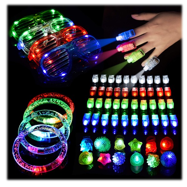 FUN LITTLE TOYS 60PCs LED Light Up Toys Glow in The Dark Party Supplies, Glow Stick Pack for Kids Xmas Party Favors Including 40 Finger Lights, 12 Flashing Bumpy Rings, 4 Bracelets, 4 Flashing Glasses