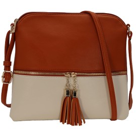 AMAZE - Bolso cruzado mediano para mujer, bolso de hombro para mujer con múltiples compartimentos, piel sintética, Bronceado + Blanco, M