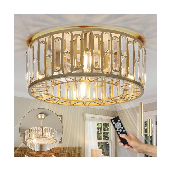 Lumcool 20 Inch Crystal Fandelier Gold, Flush/Downrod Mount Modern Caged