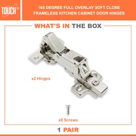 TOUCH Cabinet Hinges (1 Pair, 2 PCS) Frameless 165 Degree Full Overlay Clip-on Soft Close Lazy Susan Corner Kitchen Cabinet Cupboard Folding Door Hinges 3-Way Adjustable with Screws