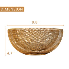 IBWell Metal Wire Woven Fruit Storage Bowl Basket for Kitchen, Large Black Mesh Fruit Stand, for Apple, Pineapple, Banana, Orange, Lemon, Pear, Strawberry, Watermelon (Gold, Nomal)