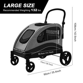 ZHUOYUANTONG Large Dog Stroller-4 Wheel Pet Stroller Suitable for Medium to Large Dogs or 2 Dogs,Foldable Dog Stroller,132lbs Capacity,for Park or Travel,Grey