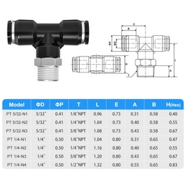 TAILONZ PNEUMATIC Male Branch Tee 1/4 Inch Tube OD x 1/8 Inch NPT Thread Push to Connect Fittings PT-1/4-N1 (Pack of 2)
